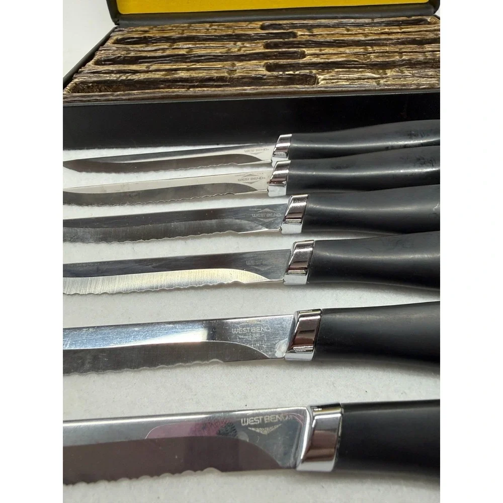 Vintage West Bend Steak Knives Set of 6 Hand Crafted USA Serrated Blades Boxed